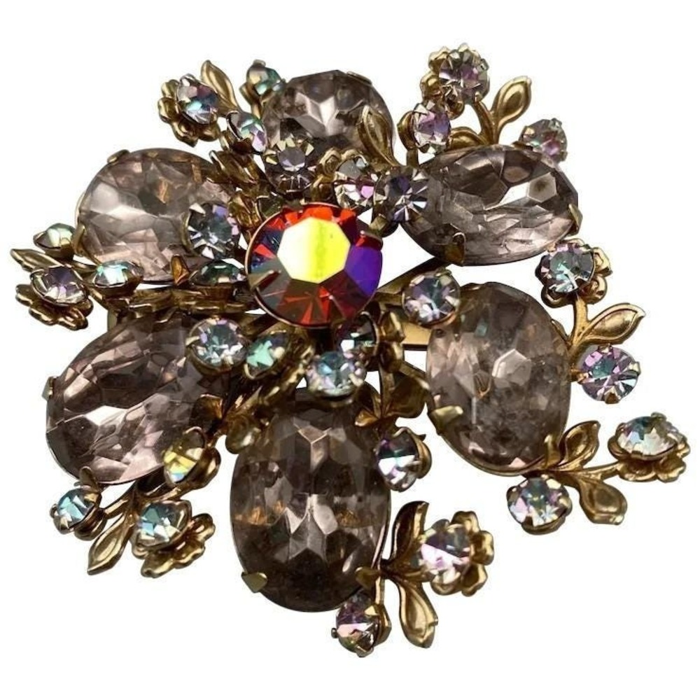 Vintage Pastel Rhinestone Brooch Brass Leaves AB Crystal Riveted Pink Blue